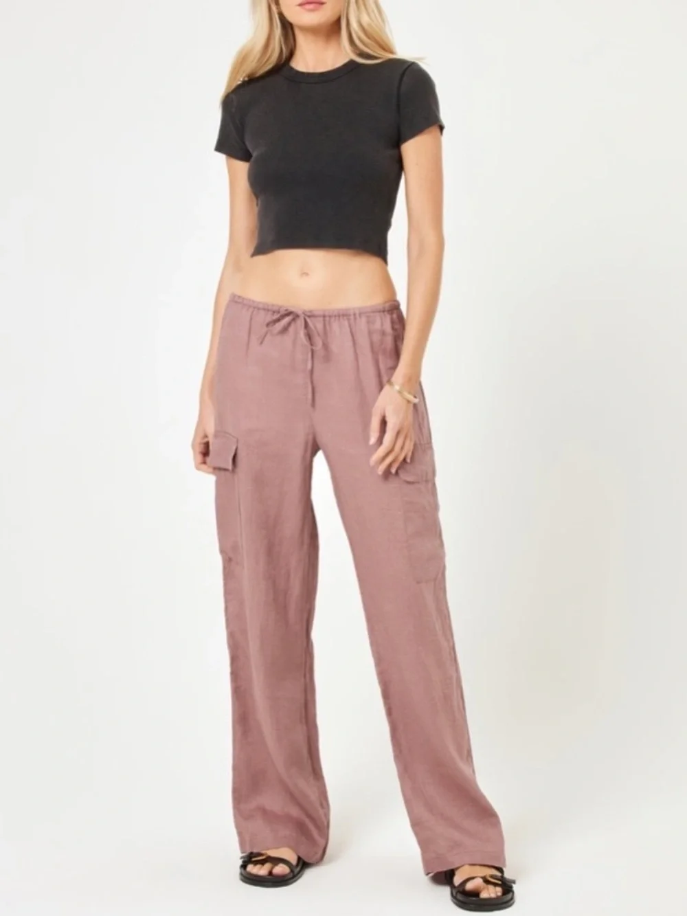 L*Space Sundown Dusty Pink Linen Cargo Wide Leg Boho Coastal Pants Size Medium